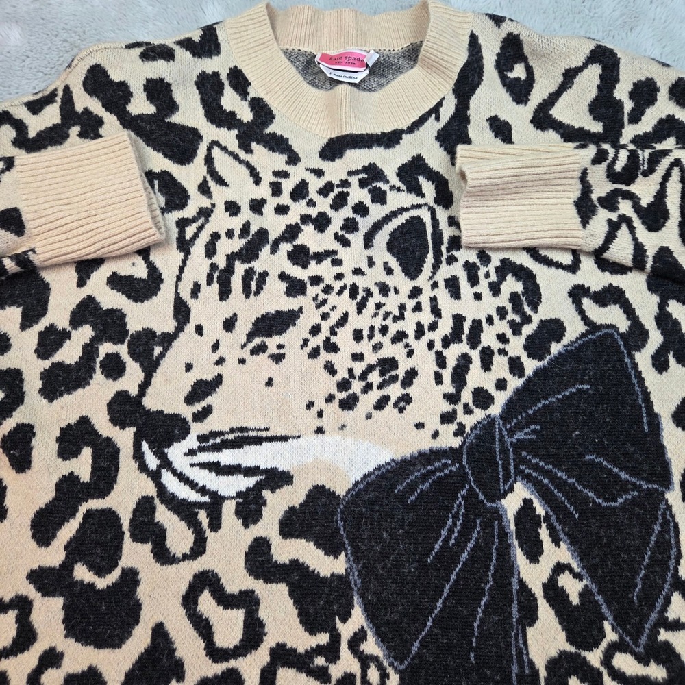 Kate‎ Spade Wool Yak Blend Sweater Womens S Leopard Bow Intarsia Beige Black